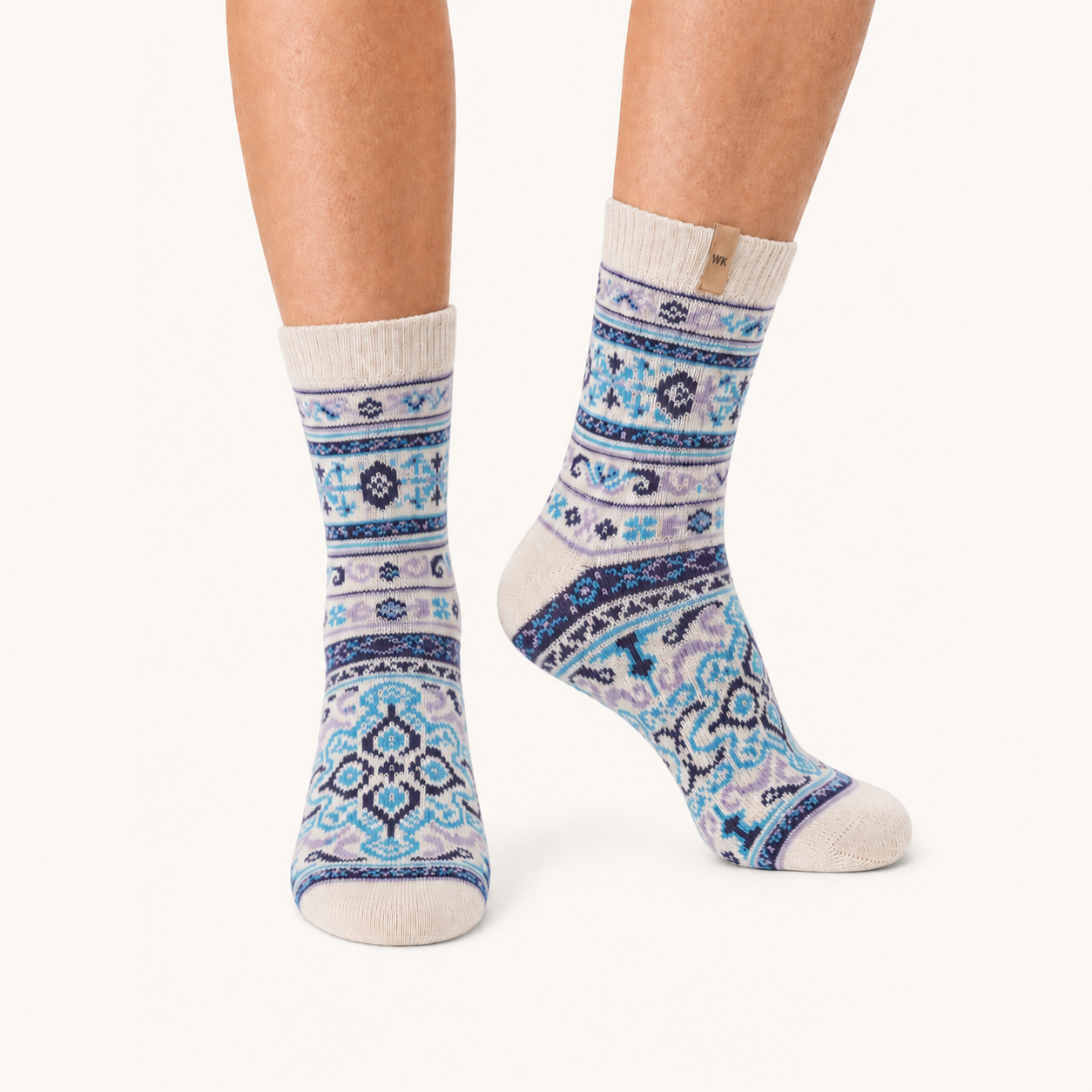 Blue Tapestry merino wool crew socks for women, tilework in cornflower, navy and lilac on undyed cream