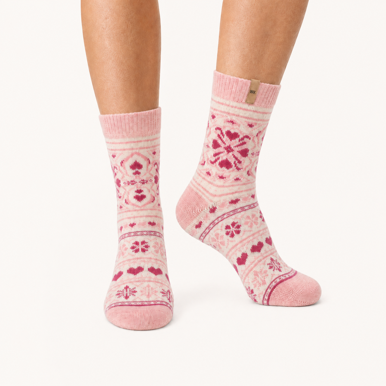Blush Hearts merino wool crew socks for women, hearts and flowers in rose on cream