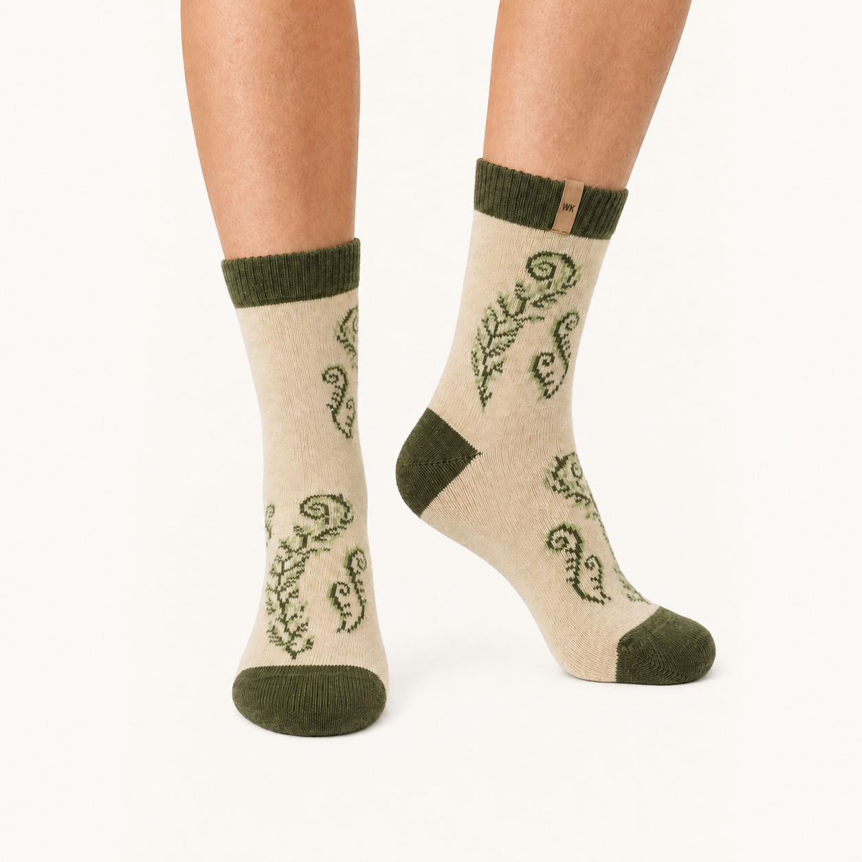 Emerald Fern merino wool crew socks for women, green fern fronds on oatmeal with an olive cuff and toe