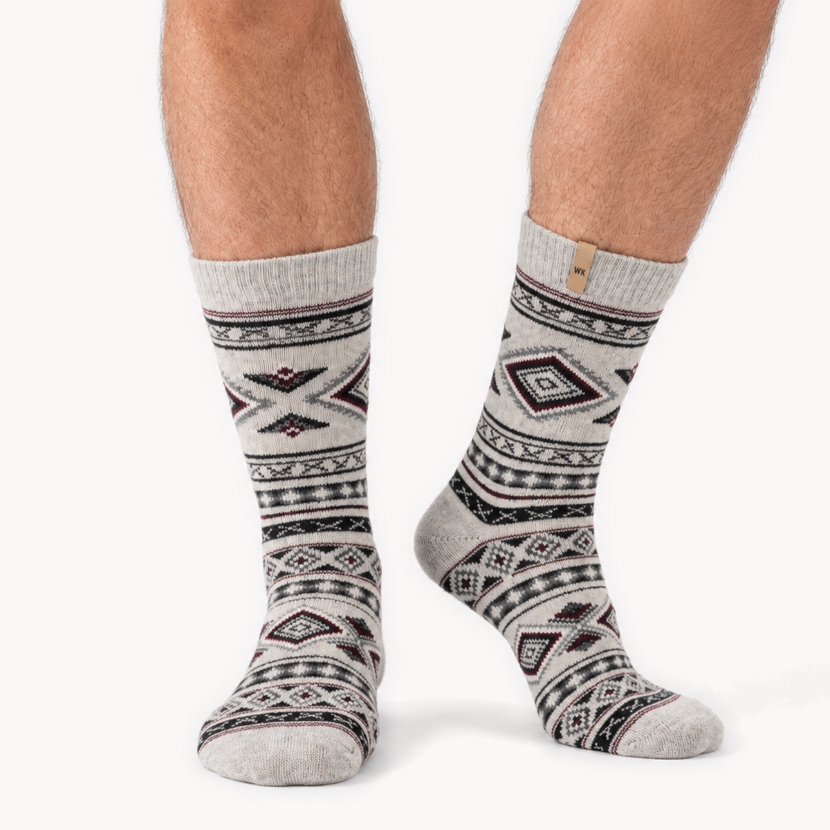 Granite Ridge merino wool crew socks for men, geometric diamond banding in stone gray, black and oxblood