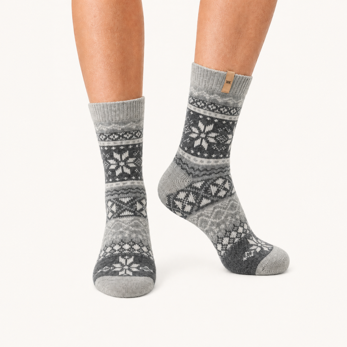 Nordic Gray merino wool crew socks for women, Fair Isle snowflake banding in three grays