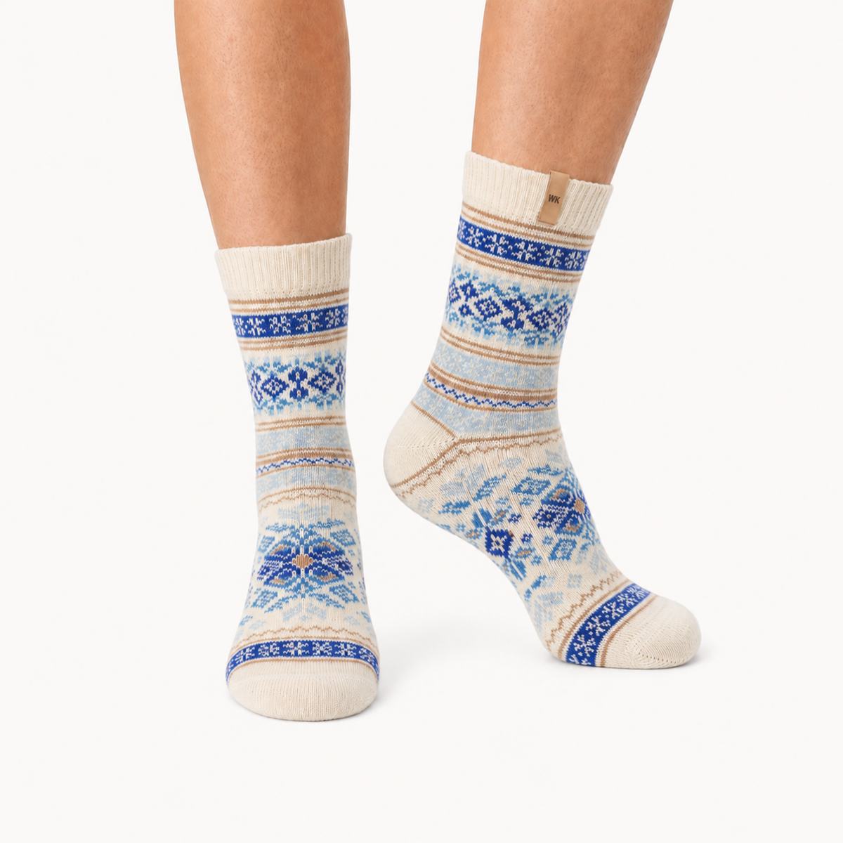 Porcelain Bloom merino wool crew socks for women, Nordic banding in two blues and camel on undyed cream