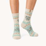 Sage Meadow merino wool crew socks for women, small posies and soft wave banding in pale mint and cream
