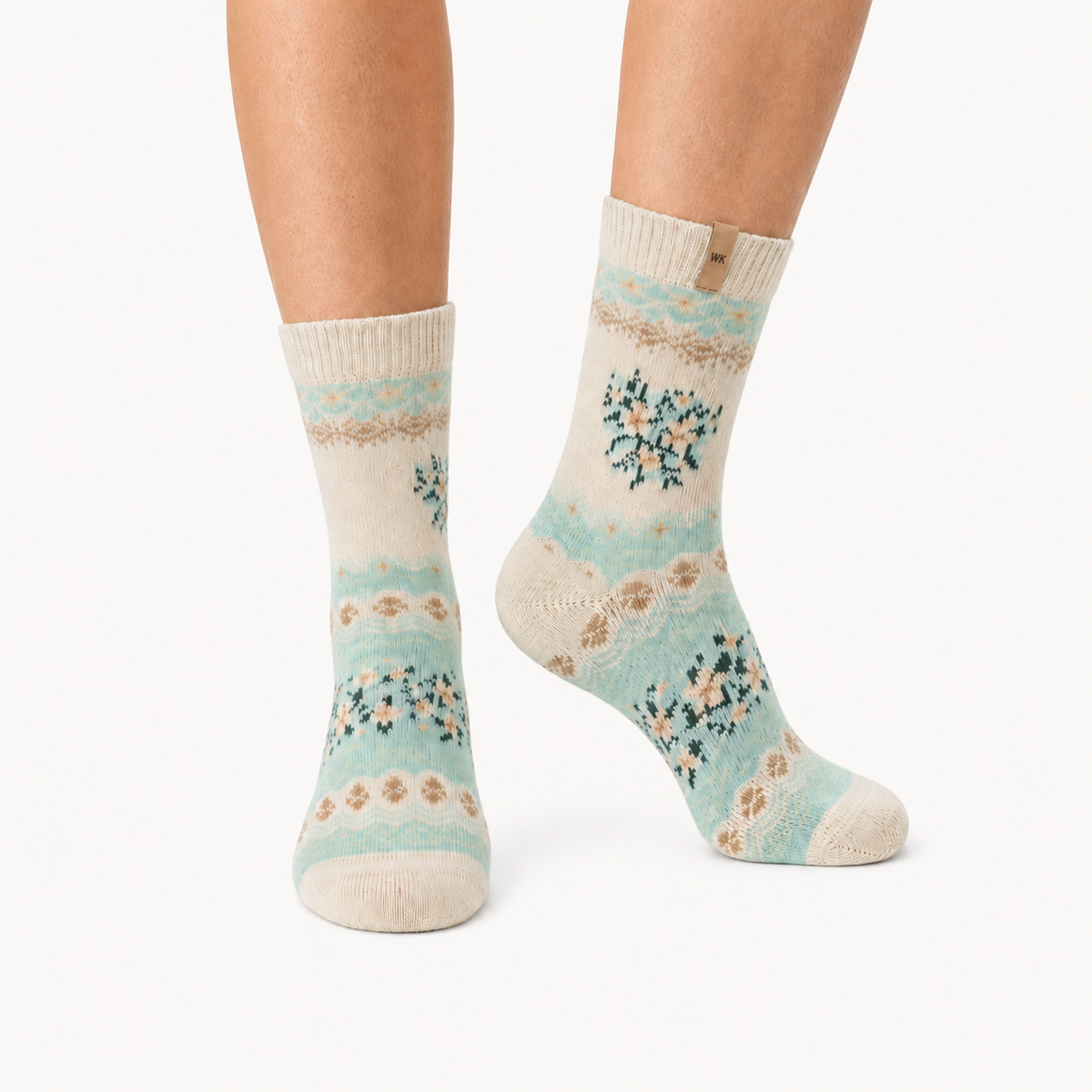 Sage Meadow merino wool crew socks for women, small posies and soft wave banding in pale mint and cream