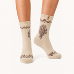 Walnut Sprig merino wool crew socks for women, brown and blush damask on undyed cream