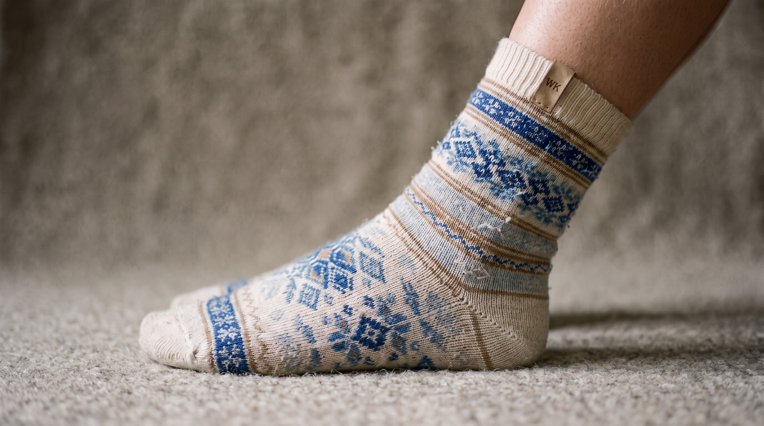 A well-worn Woolen Kin merino wool crew sock in blue Fair Isle on undyed cream, the knit softened and lightly pilled from wear